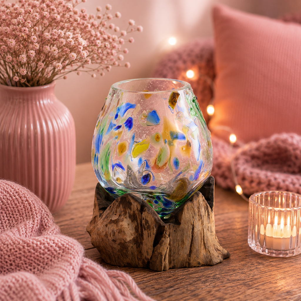 Verre coloré fondu sur bois