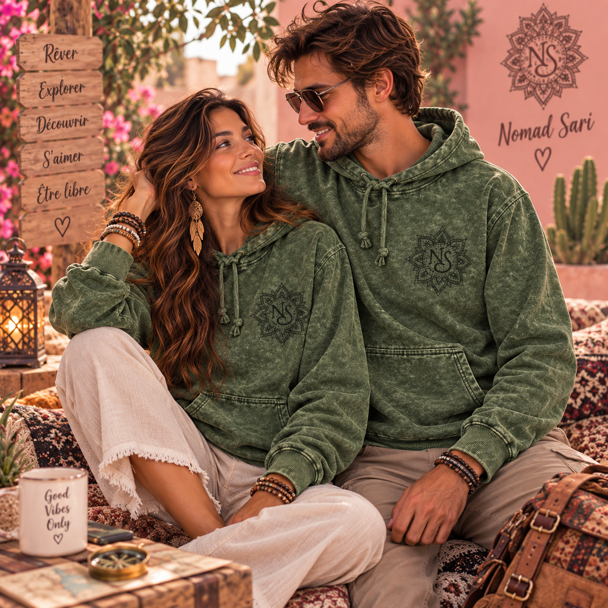 Sweat à Capuche Nomad Sari Vert Mousse – L'Esprit Bohème au Naturel (4 tailles)