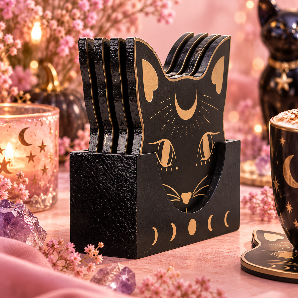 Ensemble de 4 sous-verres chat mystique - Black cat mystic mog