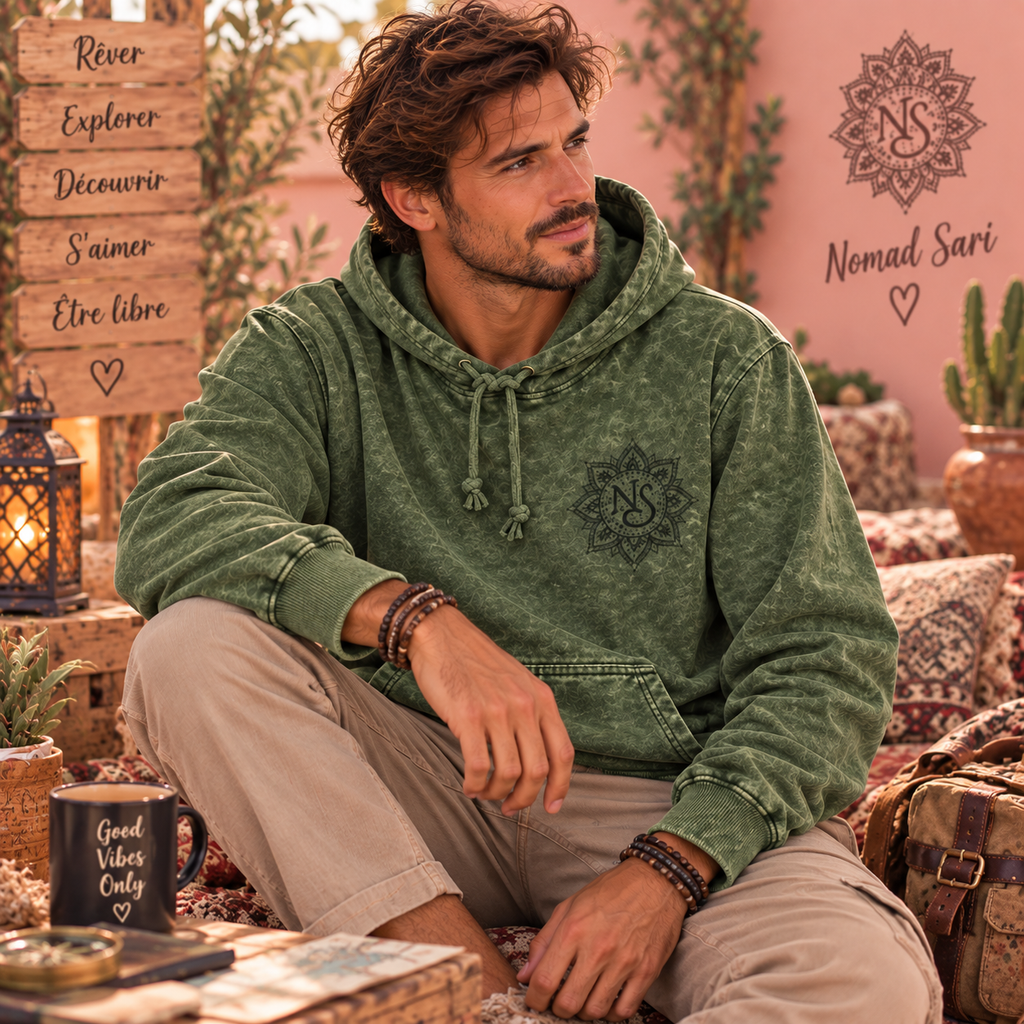 Sweat à Capuche Nomad Sari Vert Mousse – L'Esprit Bohème au Naturel (4 tailles)