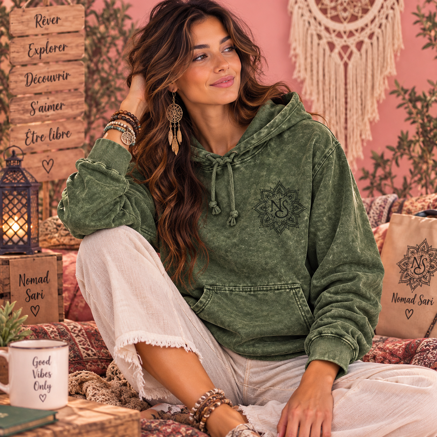 Sweat à Capuche Nomad Sari Vert Mousse – L'Esprit Bohème au Naturel (4 tailles)