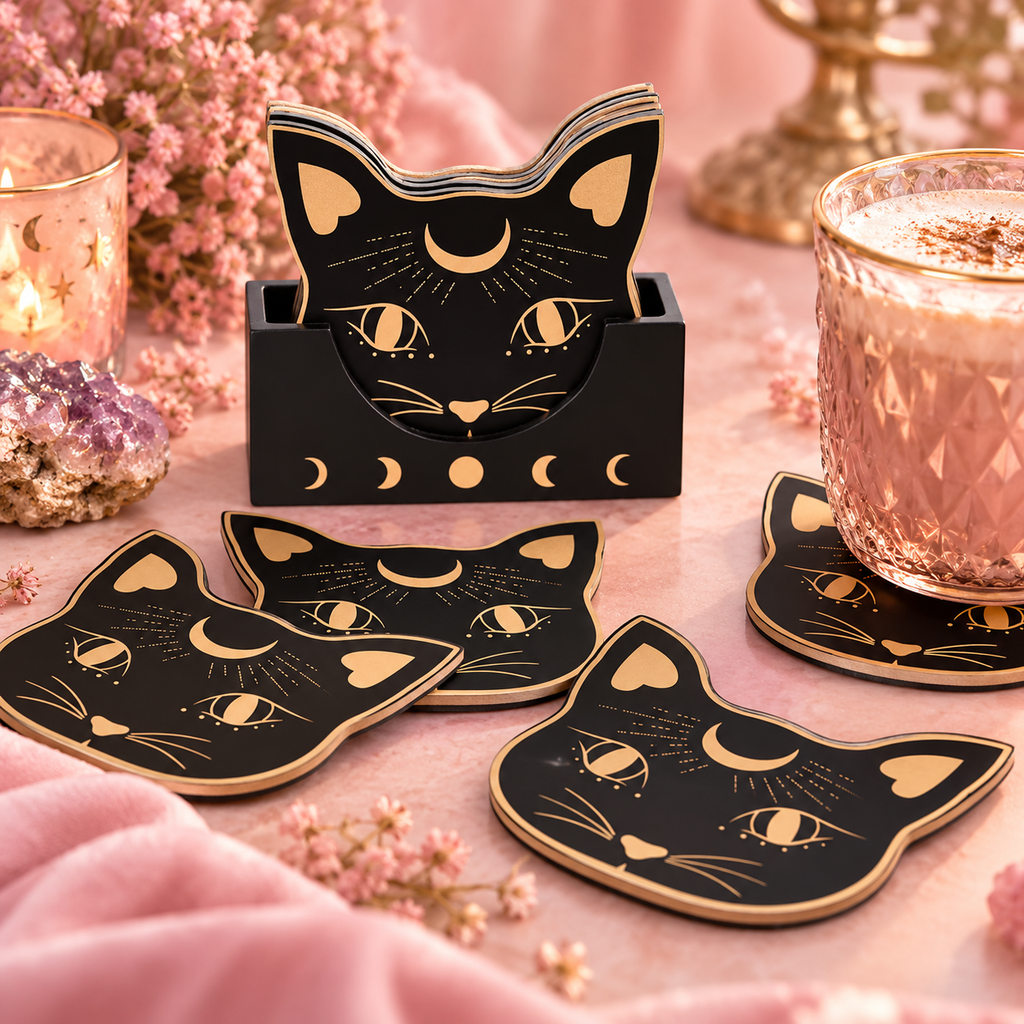 Ensemble de 4 sous-verres chat mystique - Black cat mystic mog