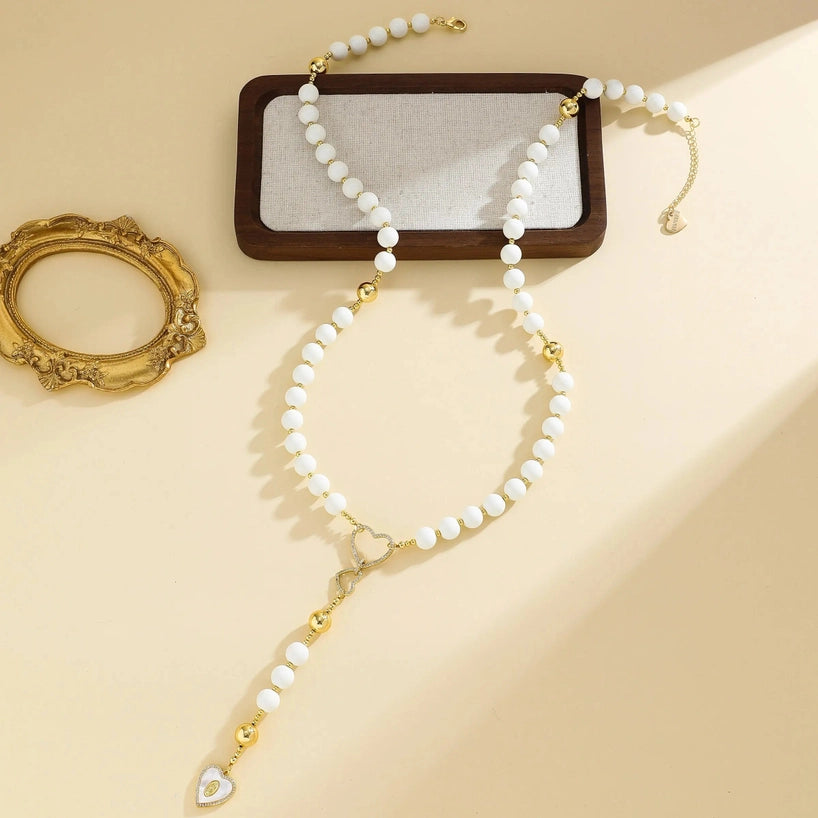 Collier chapelet avec cœur - Blanc