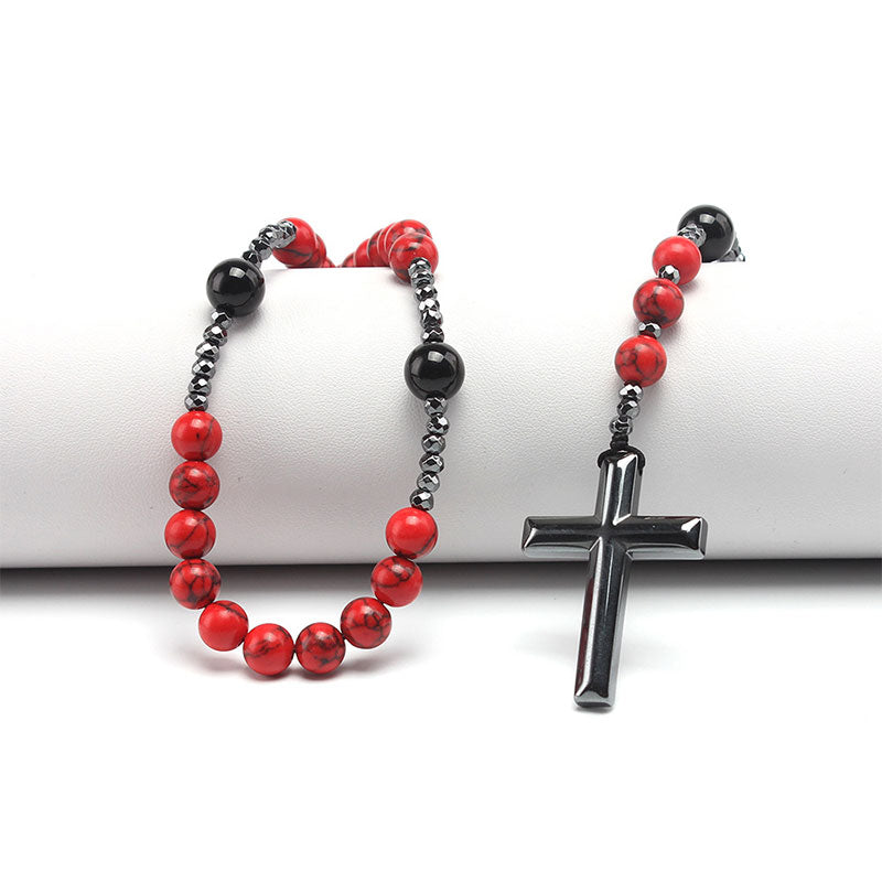Collier Chapelet Croix - Agate noire & turquoise rouge pour homme