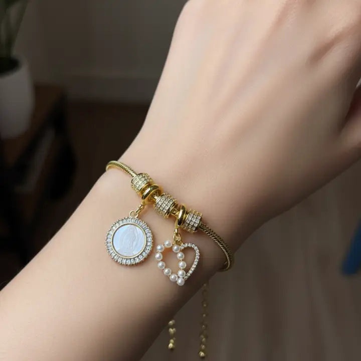 Bracelet Cœur de Perles Vierge de Guadalupe – Plaqué Or 18K