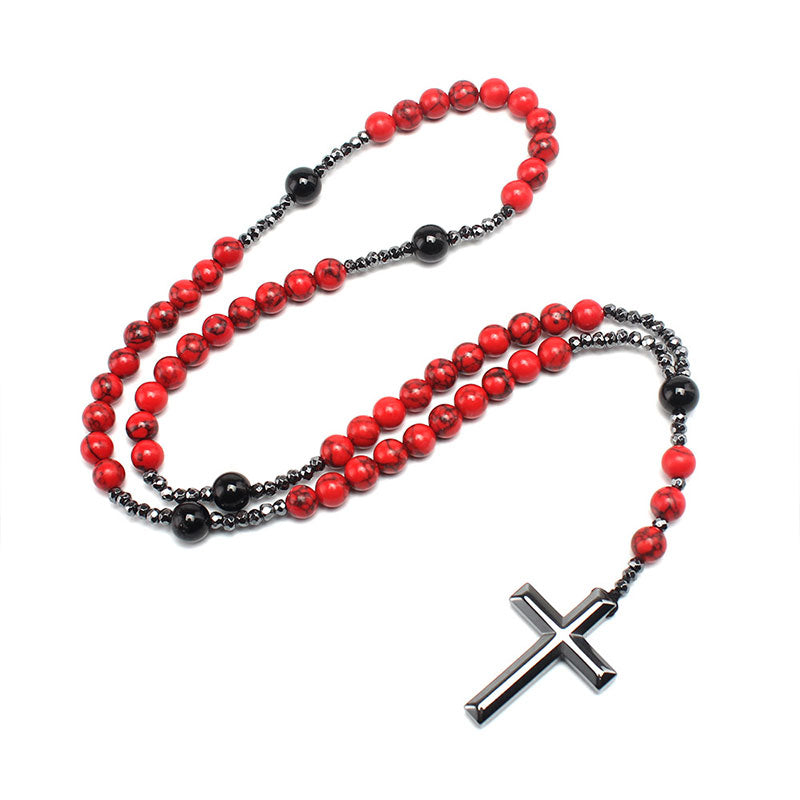Collier Chapelet Croix - Agate noire & turquoise rouge pour homme